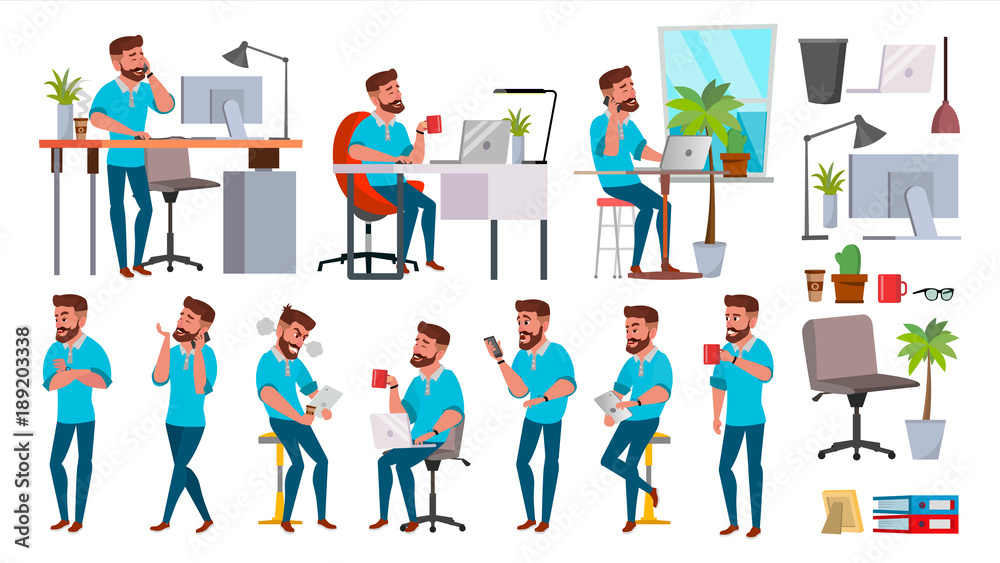 Business Man Character Vector. Working People Set. Office, Creative Studio. Bearded. Full Length. Programmer, Designer, Manager. Different Poses, Face Emotions. Cartoon Business Character Illustration