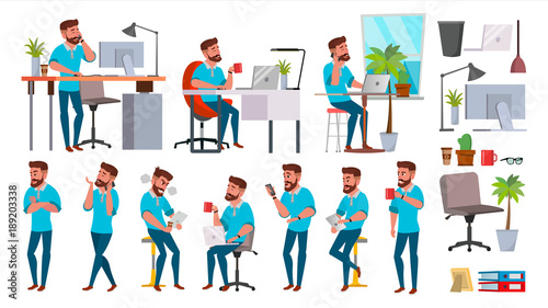 Business Man Character Vector. Working People Set. Office, Creative Studio. Bearded. Full Length. Programmer, Designer, Manager. Different Poses, Face Emotions. Cartoon Business Character Illustration © PikePicture
