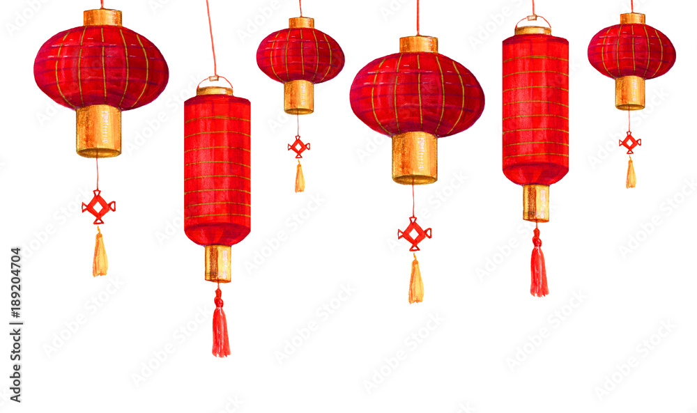Hand drawn red round and cylindrical Chinese paper lanterns Hand drawn red round and cylindrical Chinese paper lanterns