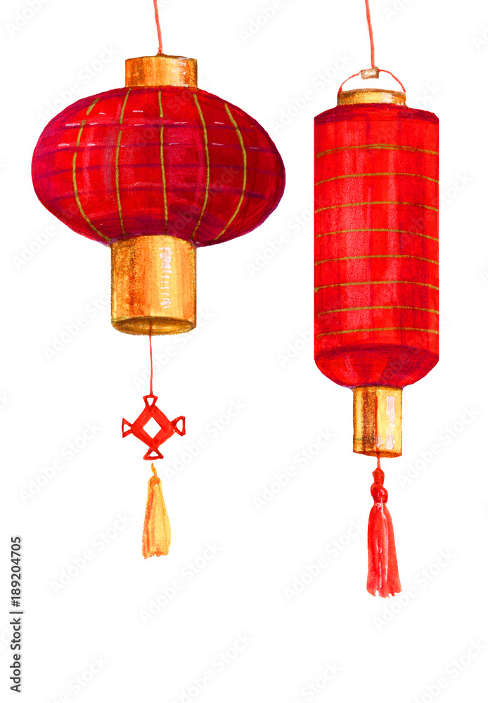 Hand drawn pair of red round and cylindrical Chinese paper lanterns Hand drawn pair of red round and cylindrical Chinese paper lanterns