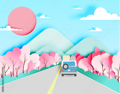 Road trip with car and natural pastel color scheme backgroud