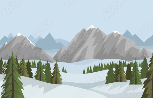 Vector winter flat landscape with snowy mountains, hills and trees in the forest