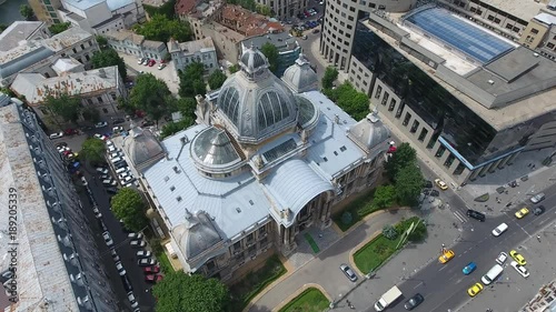 4K Drone Shot Of The CEC Palace (built in 1900) in Bucharest, Romania