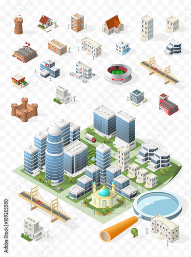 Build Your Own Isometric City . Isolated Vector Elements on Transparent Background