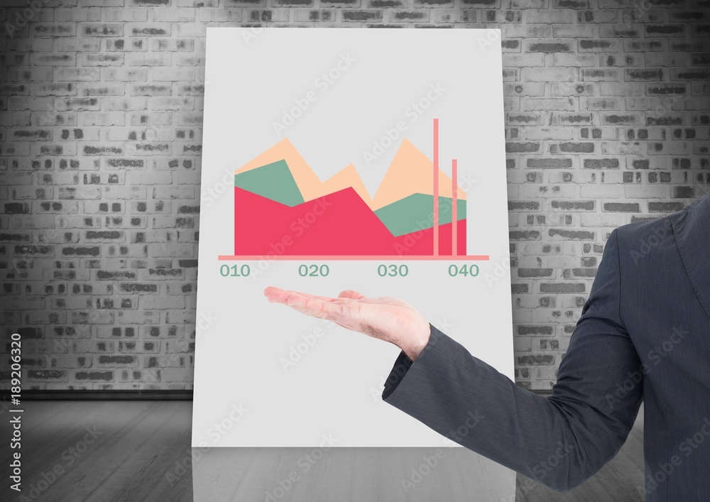 Business hand open with colorful chart statistics on whiteboard Business hand open with colorful chart statistics on whiteboard