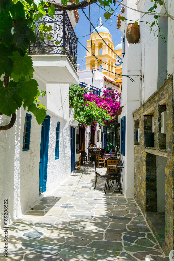 Street view in Driopis (Driopida), the traditional village of cycladic island Kythnos in Greece