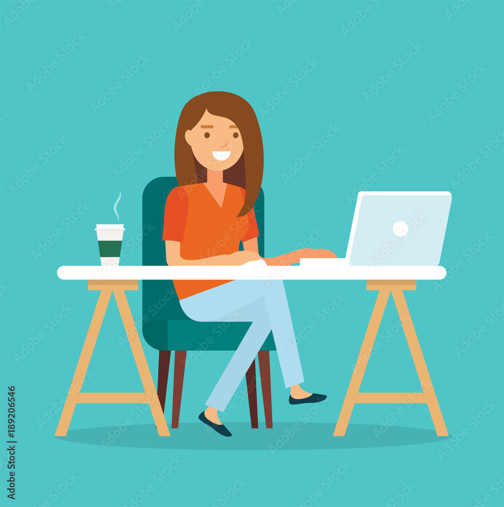 Freelancer at work, working from remote. Young woman sitting at a desk with a laptop and coffee cup. Vector illustration in flat style Freelancer at work, working from remote. Young woman sitting at a desk with a laptop and coffee cup. Vector illustration in flat style