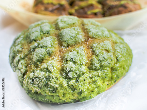 Selective focus of Japanese Green Tea  Melon Bread, Japanese gourmet.