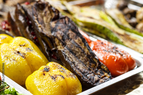 Freshly cooked grilled vegetables, tomatoes, mushrooms, eggplant, pepper ...