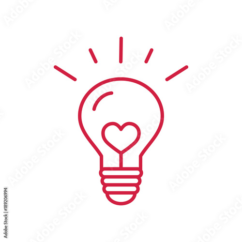 creative idea symbol. lightning bulb with heart red line icon on white background