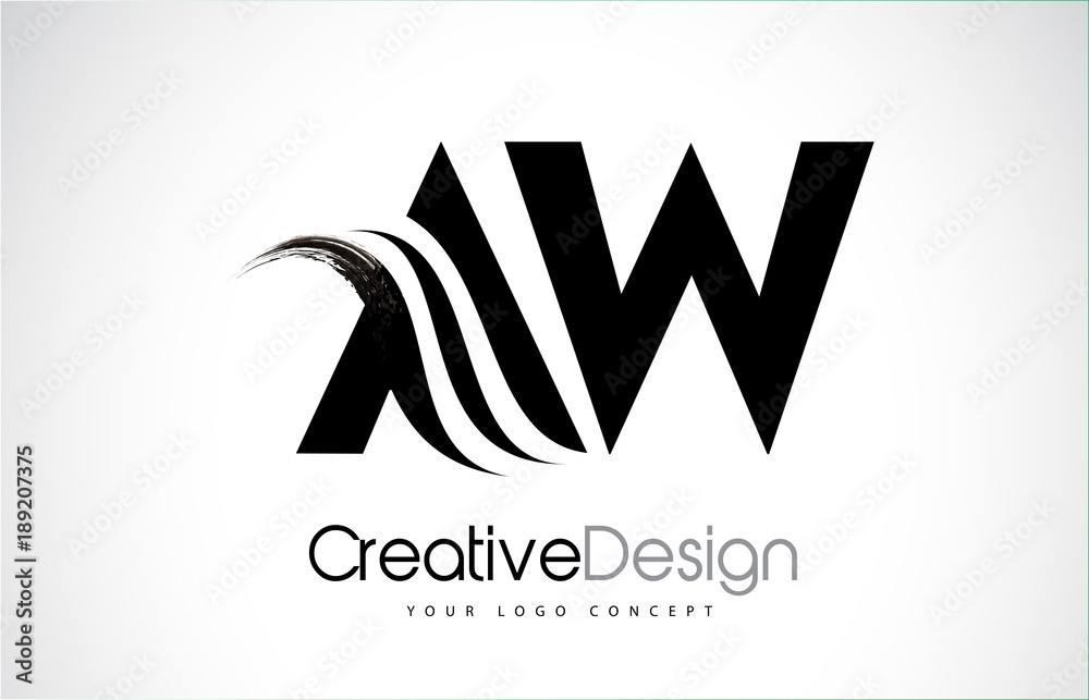 AW A W Creative Brush Black Letters Design With Swoosh