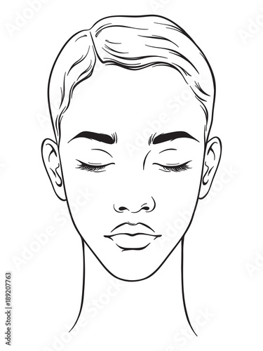 Beautiful african american woman with short haircut and closed eyes portrait isolated on white background. Face chart Makeup Artist Blank Template. Vector illustration