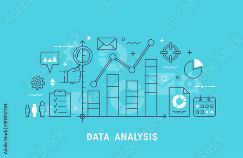 Data analysis thin line flat modern vector illustration for web design.