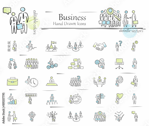 Hand drawn business icon set. Vector doodles isolated on white background