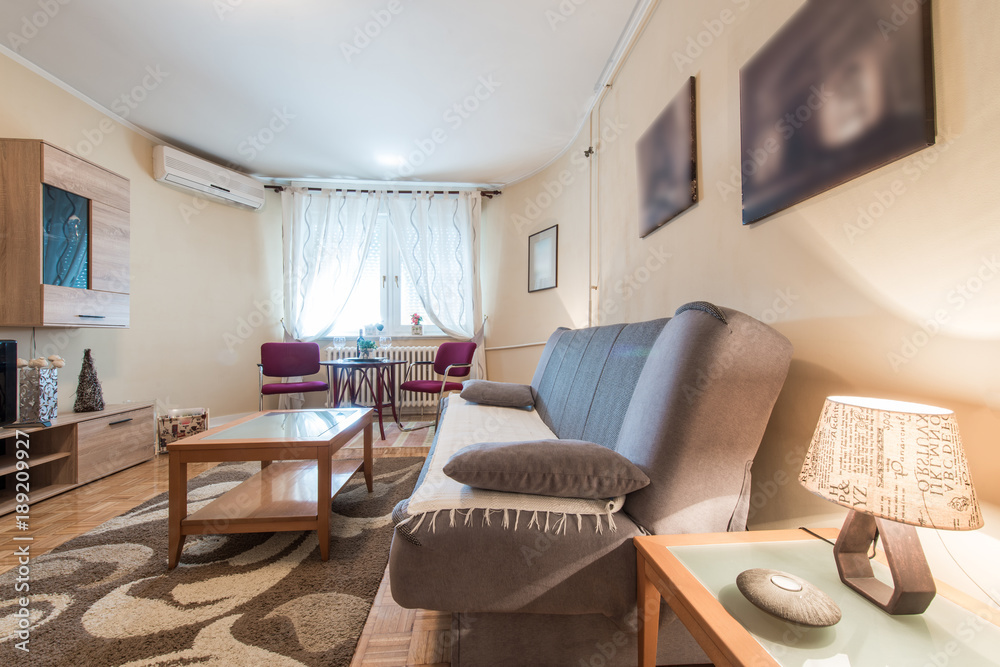 Fototapeta premium Side view of couch and table in flat interior