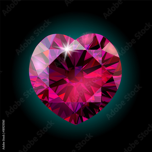 Realistic 3D detailed shiny red crystal ruby heart. Valentine Day romantic holiday decoration pink red gem diamond geometric polygonal shape vector illustration