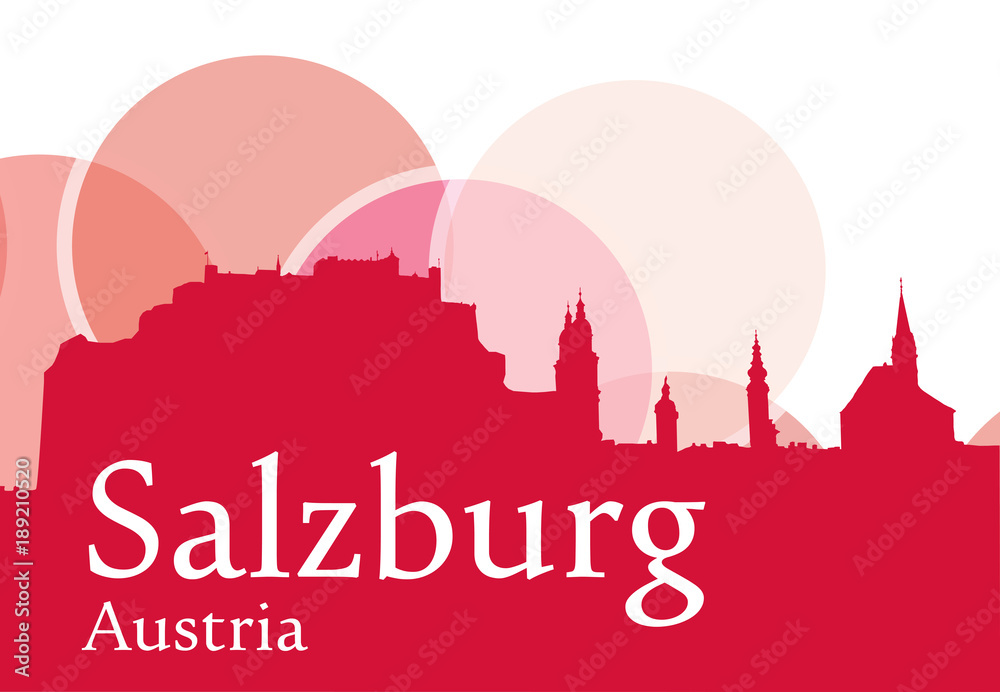 Silhouette Salzburgs, Vektorgrafik mit Schriftzug Weinrot