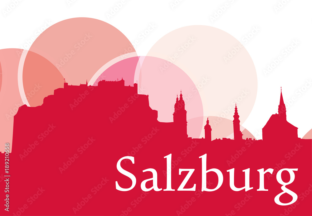 Silhouette Salzburgs, Vektorgrafik mit Schriftzug Weinrot