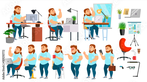 Business Man Character Vector. Working People Set. Office, Creative Studio. Fat, Bearded. Business Situation. Programmer, Designer, Manager. Different Poses, Emotions. Cartoon Character Illustration © PikePicture