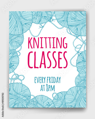 Vector yarn balls  with long thread and knot mock up for knit and crochet classes poster or advertisement. Hand drawn illustration for brochure, poster or cover design. Made using clipping mask