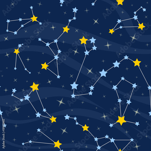 Seamless pattern with constellations. Space background with stars