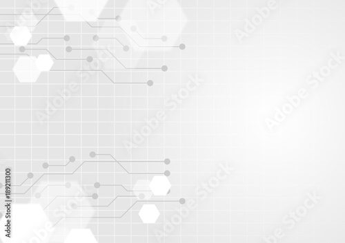 Gray circuit board and blurred hexagons on white background