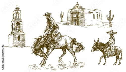 Cowboy rides his horse, Mexican desert.
