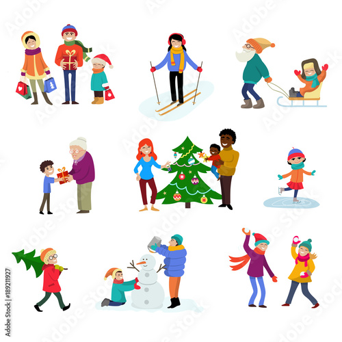 Winter holiday vector cartoon family characters kids play in wintertime with xmas tree and gifts for celebrating Christmas family illustration isolated vacation people in sport activity ski skate