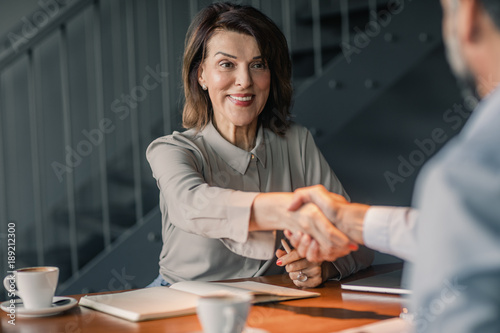 Pretty smiling businesswoman shaking hands with a men.