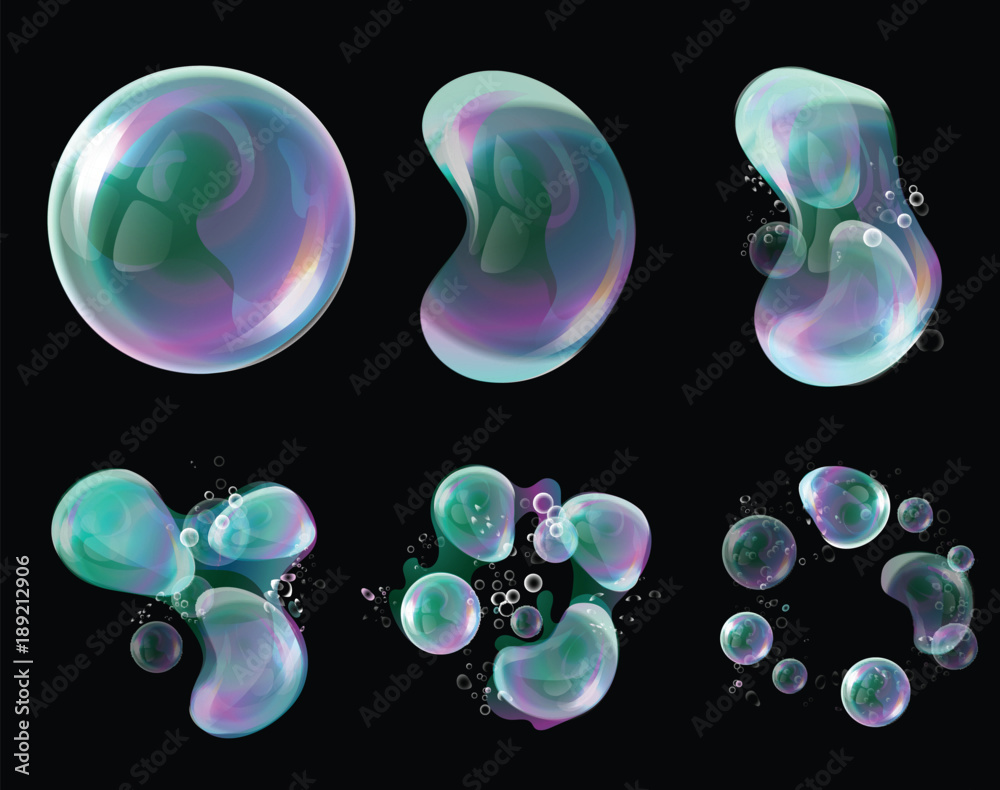 Vector 3d soap transparent bubbles in the deformation. Water spheres, realistic balls, soapy balloons, soapsuds. Glossy foam aqua, realistic bright abstract illustration.
