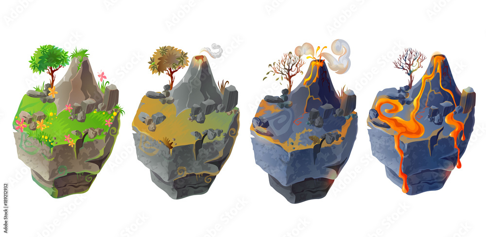 Vector isometric 3d fantastic islands for game design set. Cartoon illustration with green grass, tree, flowers and mountain and volcanic landscape with lava, burned ground and volcano isolated. - obrazy, fototapety, plakaty 