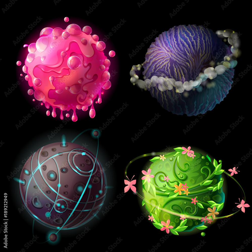 Obraz premium Vector cartoon fantastic worlds set. Cosmic, alien space elements for game design. Illustration with green plants galaxy butterfly flower, stone satellits, craters pink bubbles blue storm cloud planet