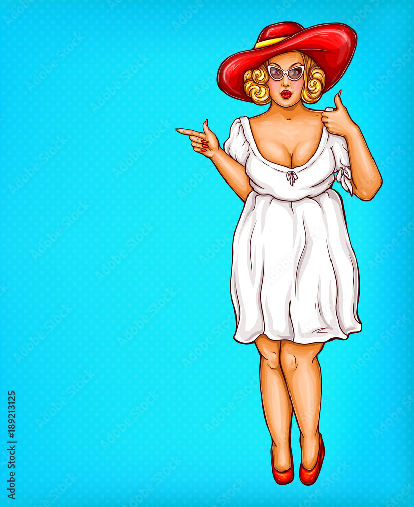 Vector fat, obese blonde pin up woman in pretty hat, pop art plus size  model in white dress pointing a finger at discounts, sale. Fashion  illustration. Overweight concept. Stock-vektor | Adobe Stock