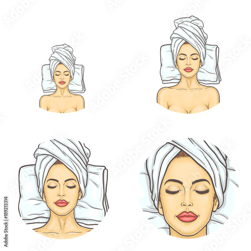 Vector set of female round avatars for users of social networks, blogs, profile icons in pop art style. Young girl with closed eyes, with towel on her head relaxes in spa salon after beauty procedures