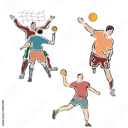 Handball vector image. Handball player with ball isolated on white background. Set minimalistic sign. Emblem or logo for stadium, sports shop, competition. Realistic miniatures.