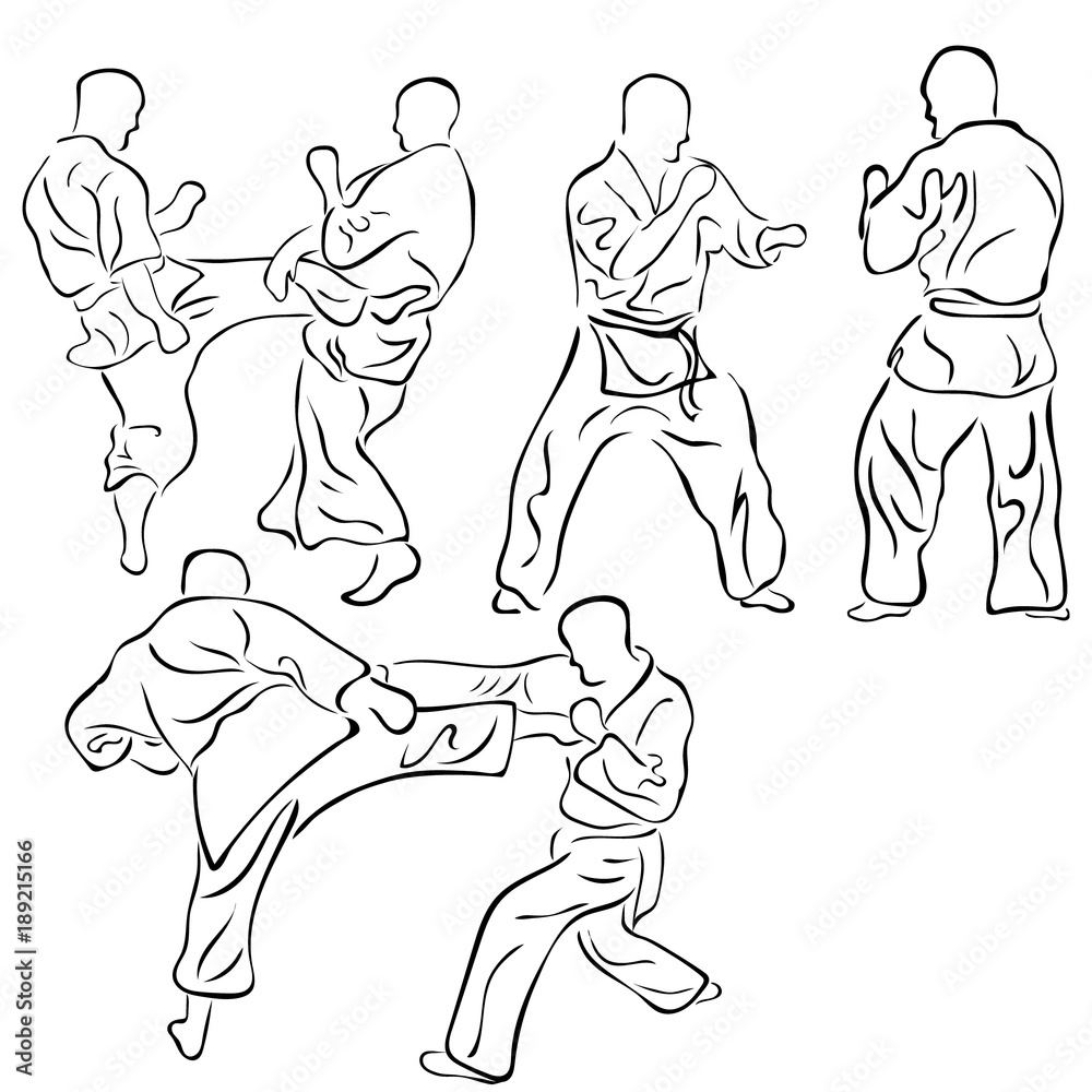 Asian martial arts vector image isolated on white background. Minimalistic black sign set for karate, wushu, aikido. Fight technique realistic silhouettes for logo, icon or web apps. Asian martial arts vector image isolated on white background. Minimalistic black sign set for karate, wushu, aikido. Fight technique realistic silhouettes for logo, icon or web apps.