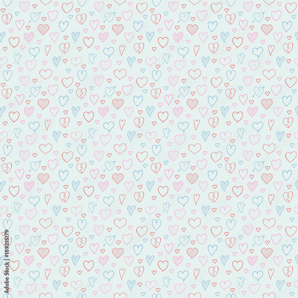 Seamless texture with hand drawn hearts - wrapping paper. Valentine's Day, Woman's Day and Mother's Day. Vector.