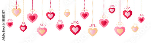 Panoramic header with shiny hanging hearts. Valentine's Day, Mother's Day or Women's Day. Vector.