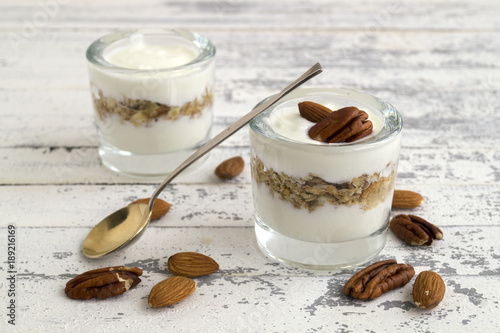 Useful homemade yogurt with nuts and muesli.