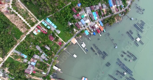 4k aerial movie of fishing farm and fisherman village on the shore of songkhla lake, thailanda photo