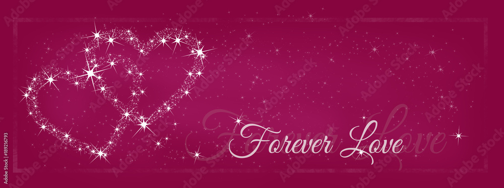 Forever Love lettering on a pink background with two hearts made of shining stars - diamonds