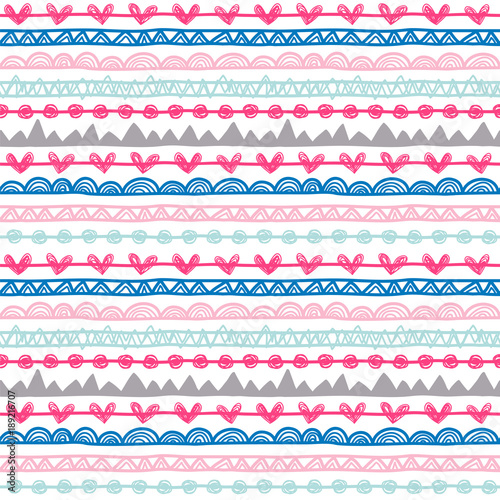 Hand drawn seamless vector pattern with different lines, strokes and hearts.