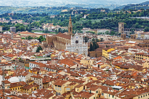 op view of Florence from the Dome of Santa Maria del Fiore. Elevated view on historical center of Florence. Panorama of medieval town on sunny summer day.