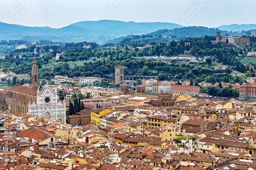 op view of Florence from the Dome of Santa Maria del Fiore. Elevated view on historical center of Florence. Panorama of medieval town on sunny summer day. © Visual Intermezzo