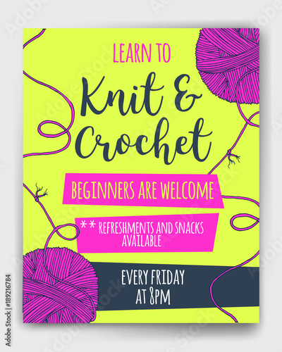 Vector yarn balls  with long thread and knot mock up for knit and crochet classes poster or advertisement. Hand drawn illustration for brochure, poster or cover design. Made using clipping mask