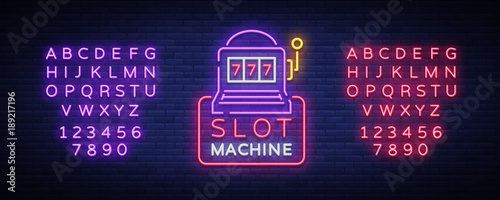 Slot machine logo in neon style. Neon sign, bright luminous banner, night billboard, bright nightly advertising of casinos, gaming machines and gambling. Vector illustration. Editing text neon sign