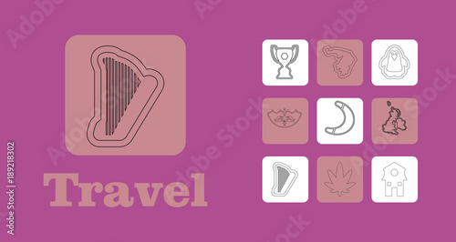 Travel Line Icons for Web and Mobile. Thin line icons. on purple