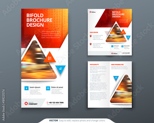 Bifold brochure design. Red, orange template for bi fold flyer. Layout with modern triangle photo and abstract background. Creative concept folded flyer or brochure.