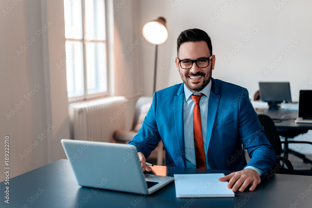 Portrait of businessman at office desk using laptop. Portrait of businessman at office desk using laptop.