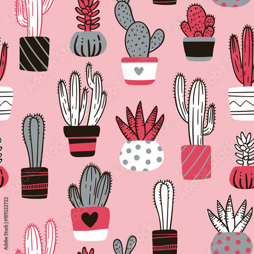 Cute hand drawn seamless pattern with cactus. Cartoon style vector illustration in pastel theme. Collection of cactuses and succulents in flower pots.
